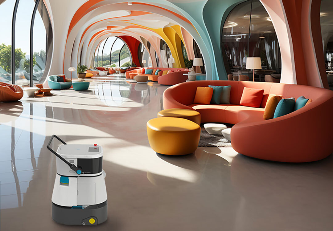 Co-botic 45 scrubber-dryer cleaning a hotel lobby